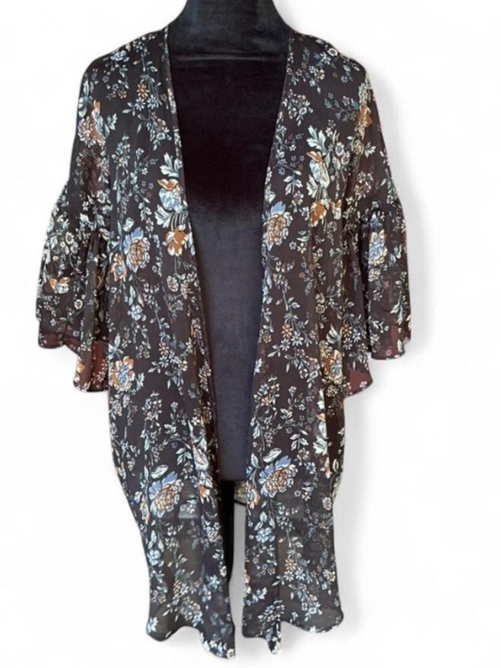 Boho Cottagecore American Eagle Dark Chocolate Brown Floral Ruffle Sleeve Kimono - Picture 1 of 4